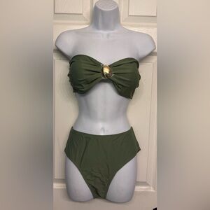 Zaful Dark Green Bandeau Bikini with Gold Detail